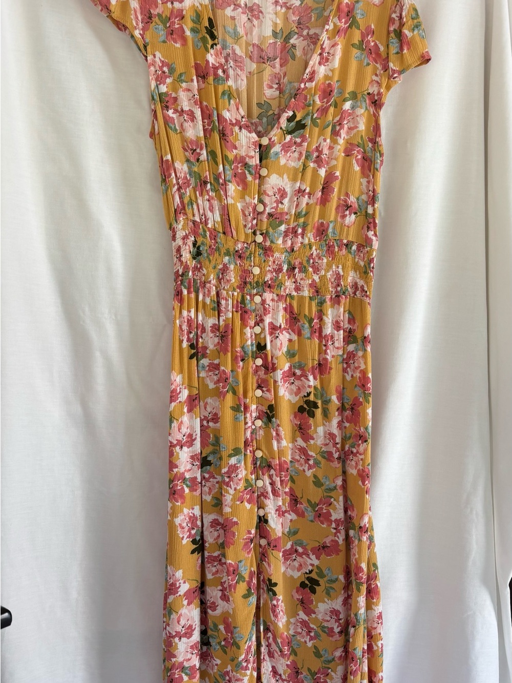 Women's Gold Floral Button-Front Maxi Dress